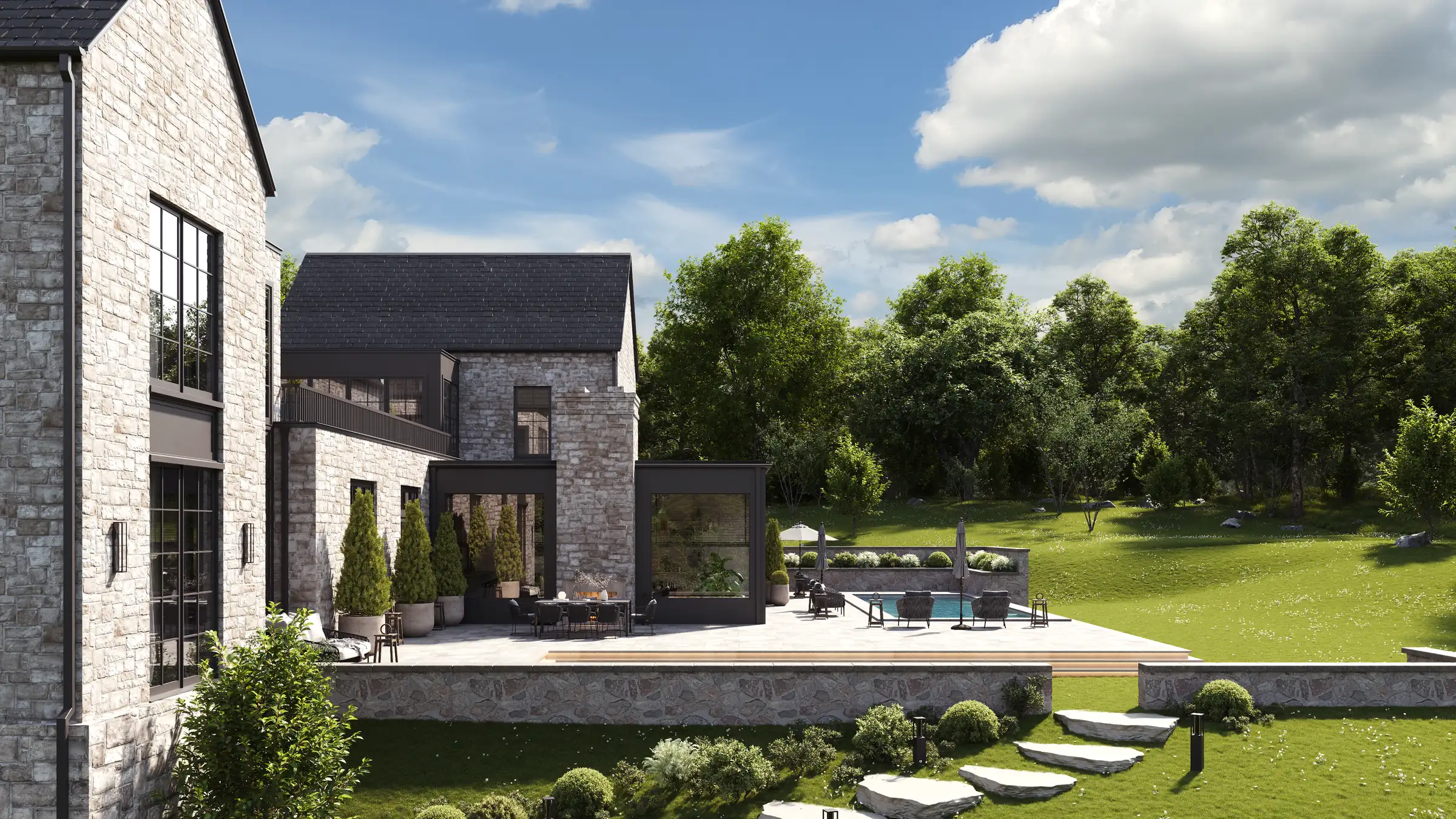 Render of the garden side of a stone luxury house with a tall glazed wing, a terrace with outdoor dining and a lawn