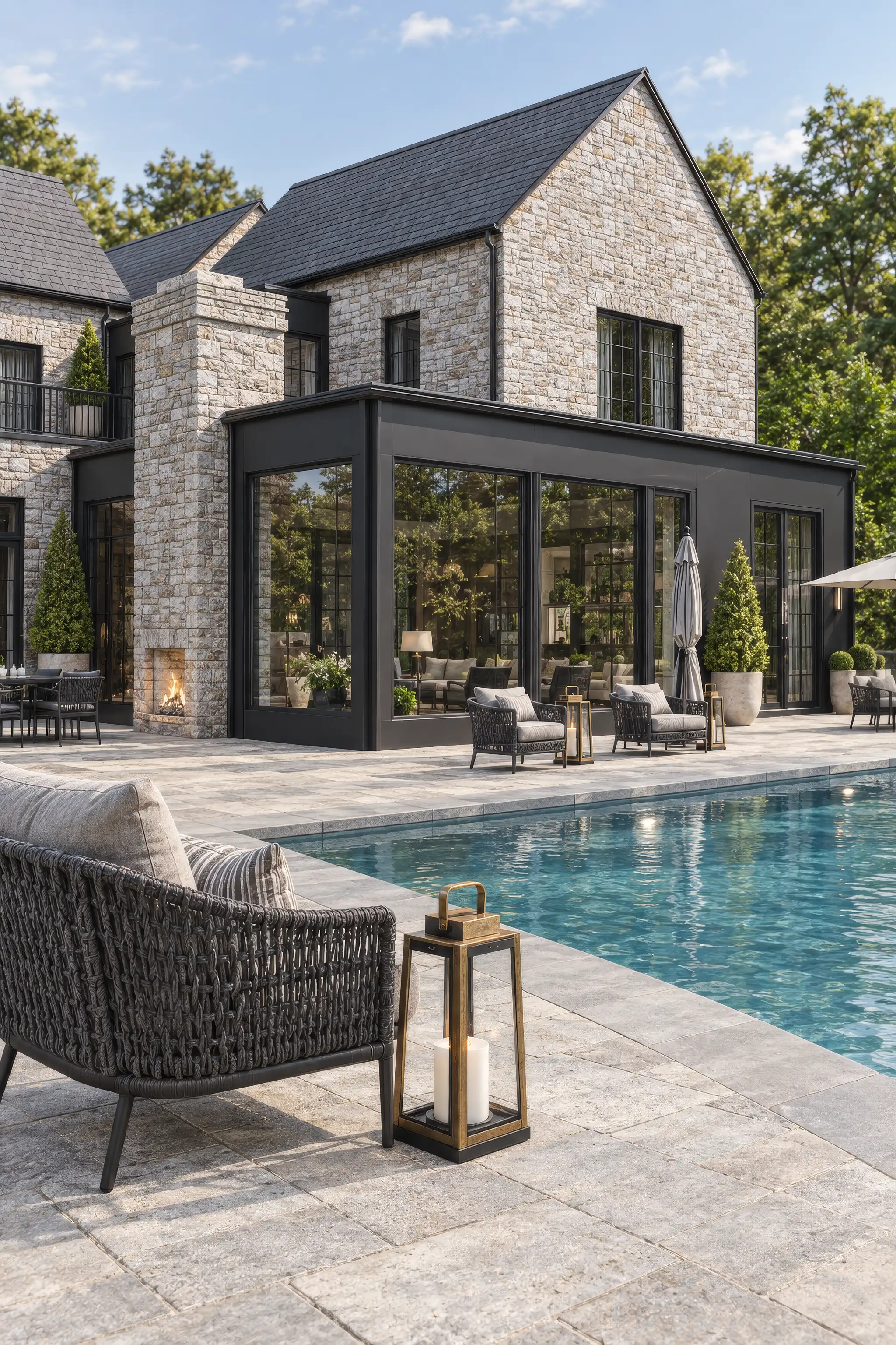 Portrait render of a pool lounge with a woven armchair and a lantern beside the pool and a glass garden room