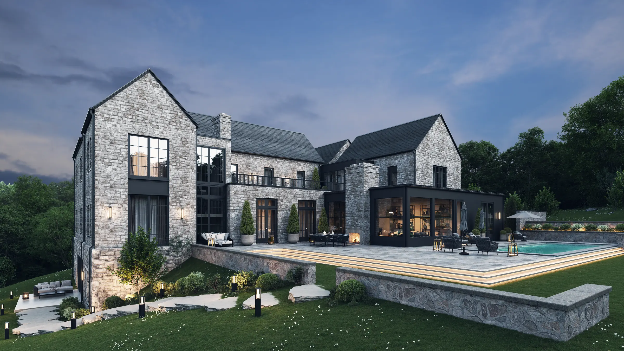 Render of the rear terrace of a stone luxury house with a pool, outdoor dining and a lit glass garden room