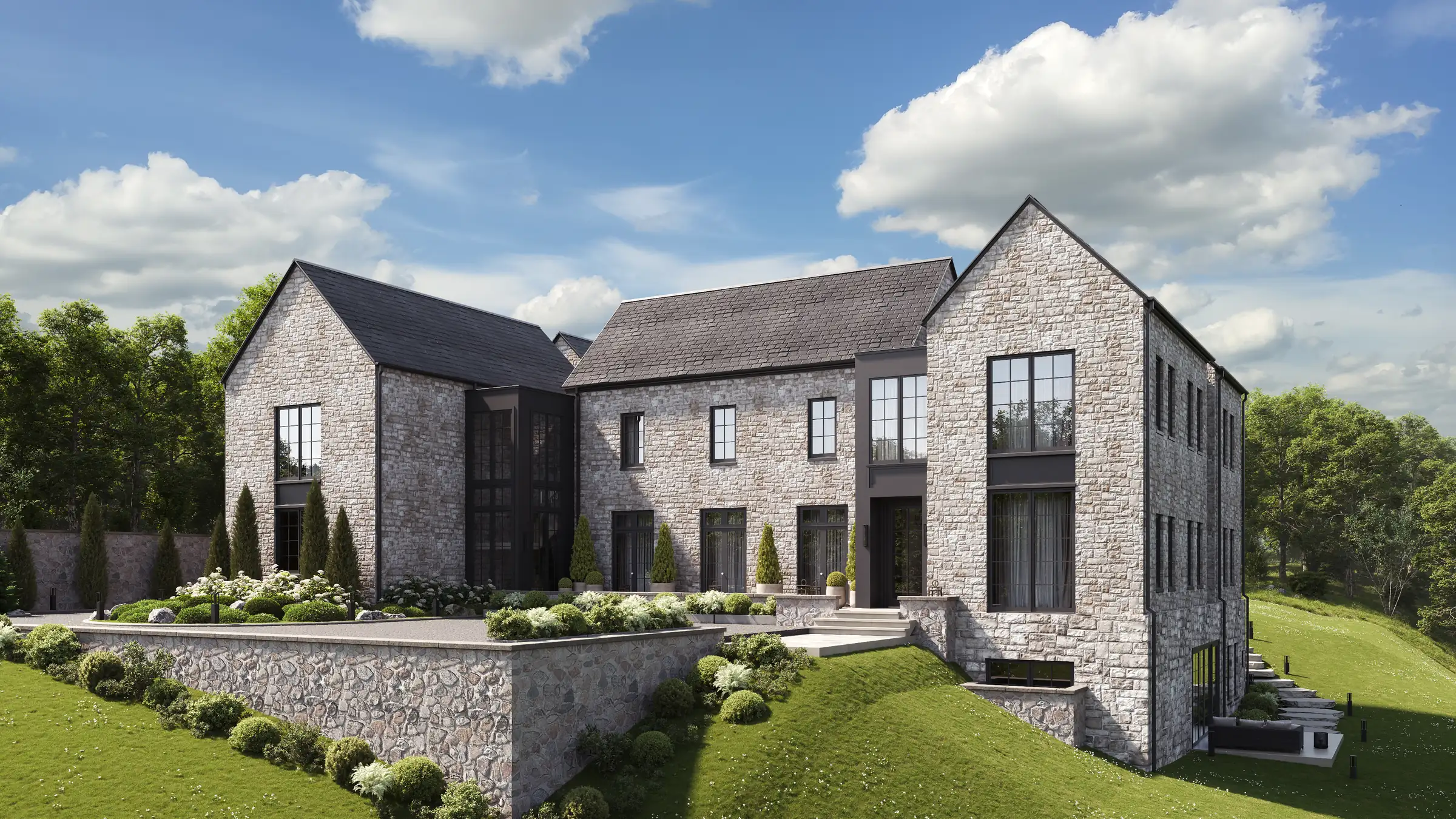 Render of the stone gable end of a luxury house above a retaining wall and a lawn on a slope