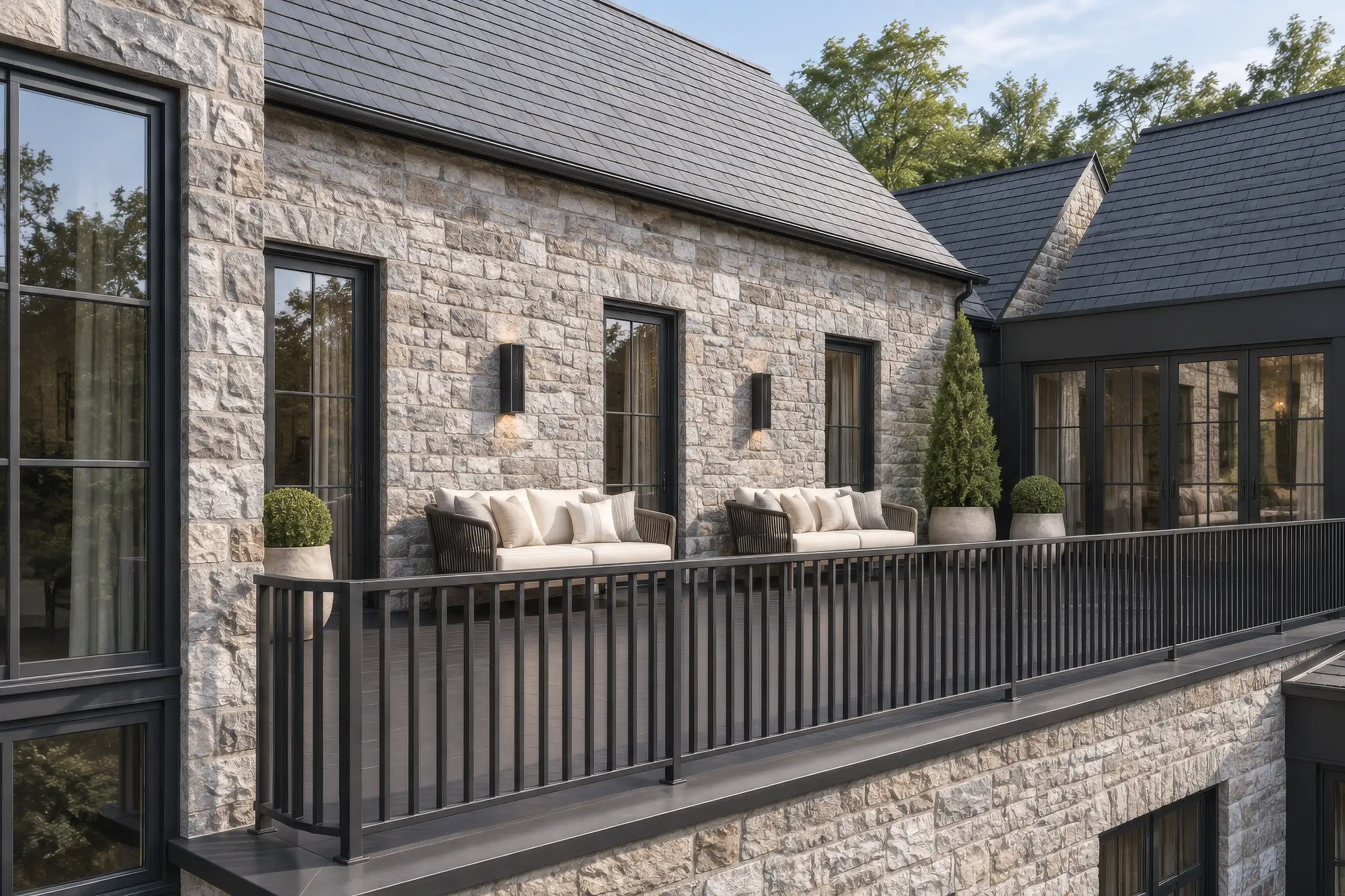 Render of a stone balcony with a black steel railing, outdoor sofas and steel-framed doors on a luxury house