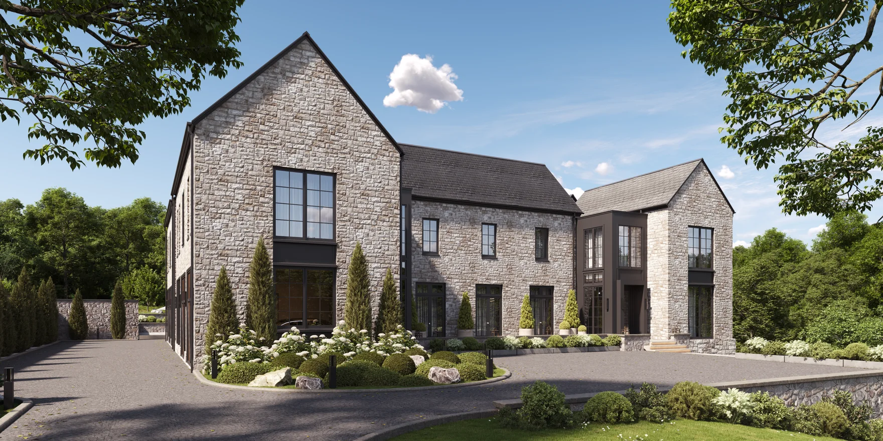 Render of a new two-storey stone house with steep gables, dark steel windows and a planted forecourt, seen from the driveway