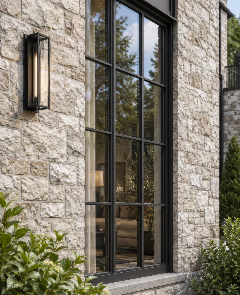 Close-up render of rough-cut limestone walls, a tall black steel-framed window and a wall lantern of a luxury house