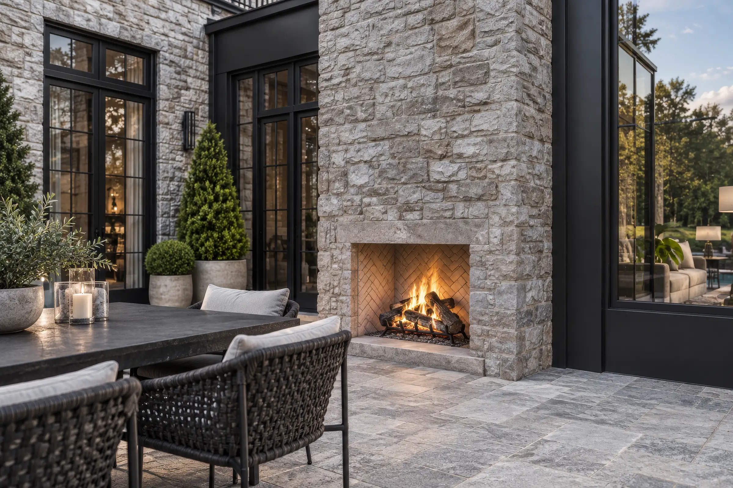Close-up render of an outdoor stone fireplace on a terrace with a dining table, woven chairs and steel garden room doors
