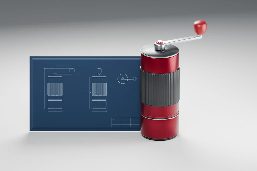 Concept coffee grinder: technical drawing with front, side and top views next to the finished 3D CAD model