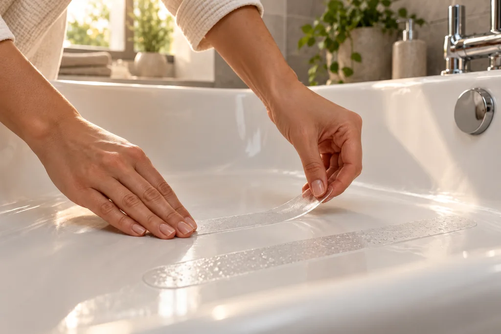 AI video still: hands pressing a clear anti-slip strip onto a white bathtub next to a strip already applied