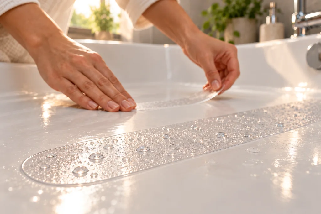 Macro still: water droplets beading on a clear anti-slip strip on a white bathtub, its edge lit by low sunlight