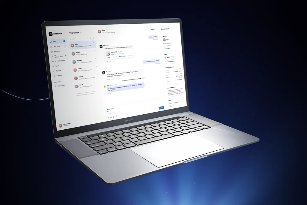 Launch video frame of a laptop with a support inbox on screen, tilted in blue light