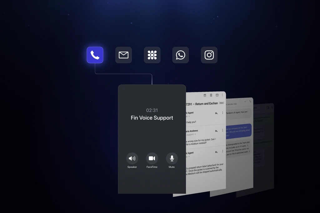 Launch film frame of five channel icons above a voice support call screen