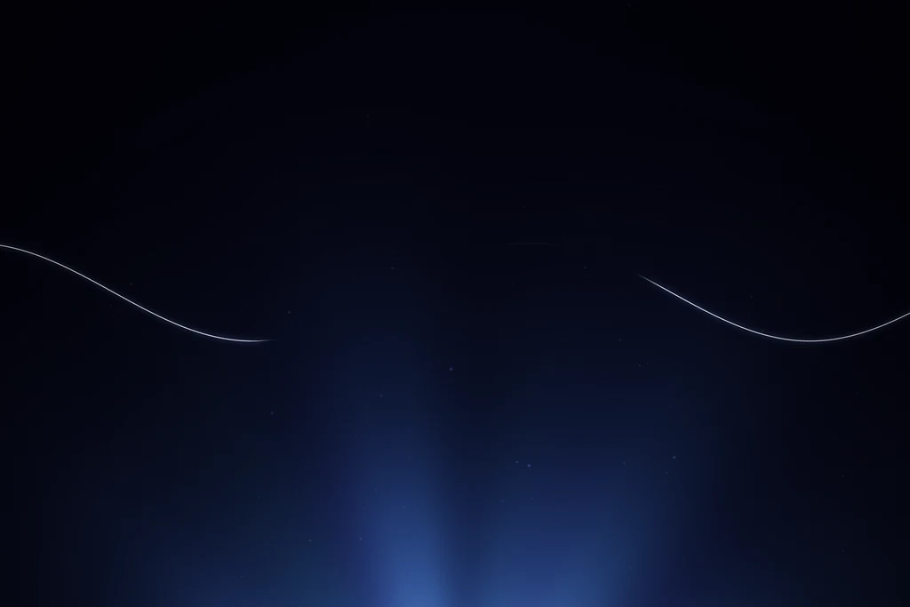 Launch film frame of a thin light wave crossing a dark stage above a beam of blue light