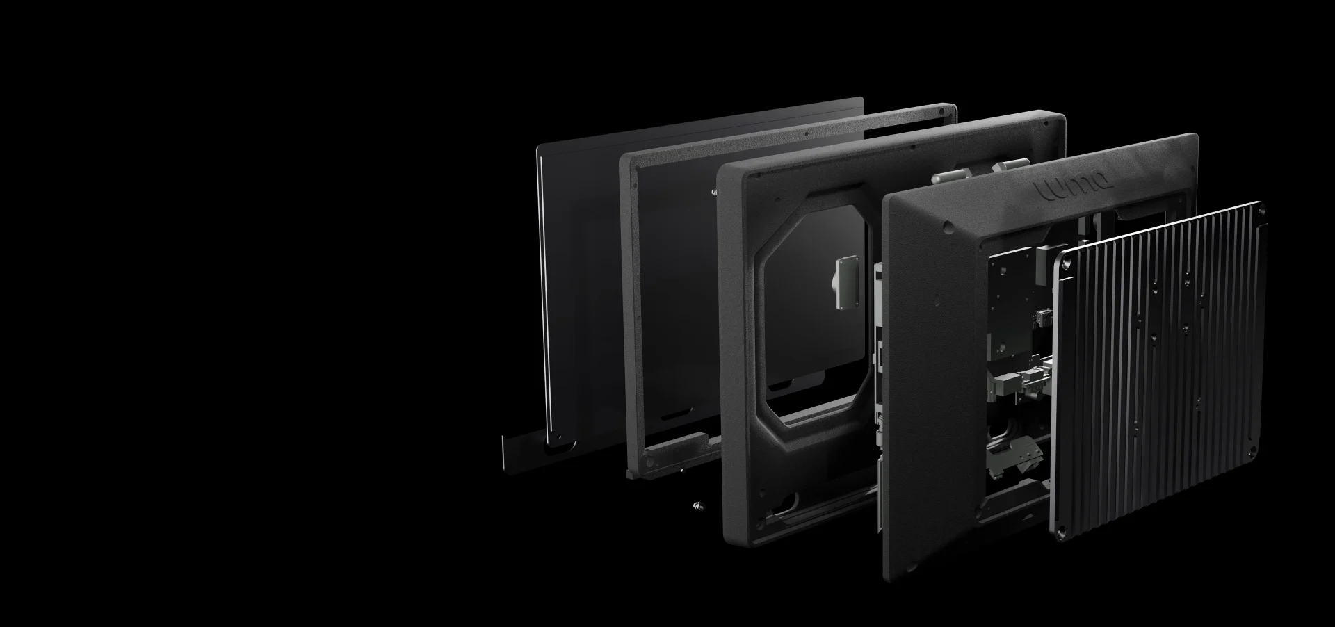 Exploded view of a clinical eye tracker monitor in 3D: screen, frame, housing and ribbed back panel separated on black, from a medical device launch film
