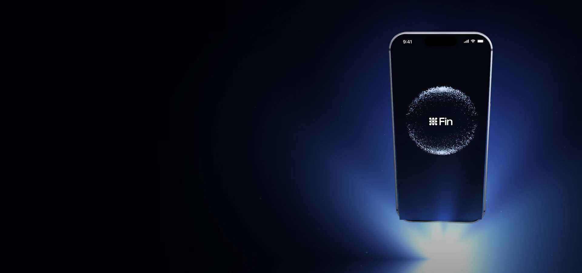 A phone rising into blue light with a particle sphere and the Fin logo on its screen, from a concept launch film for an AI agent