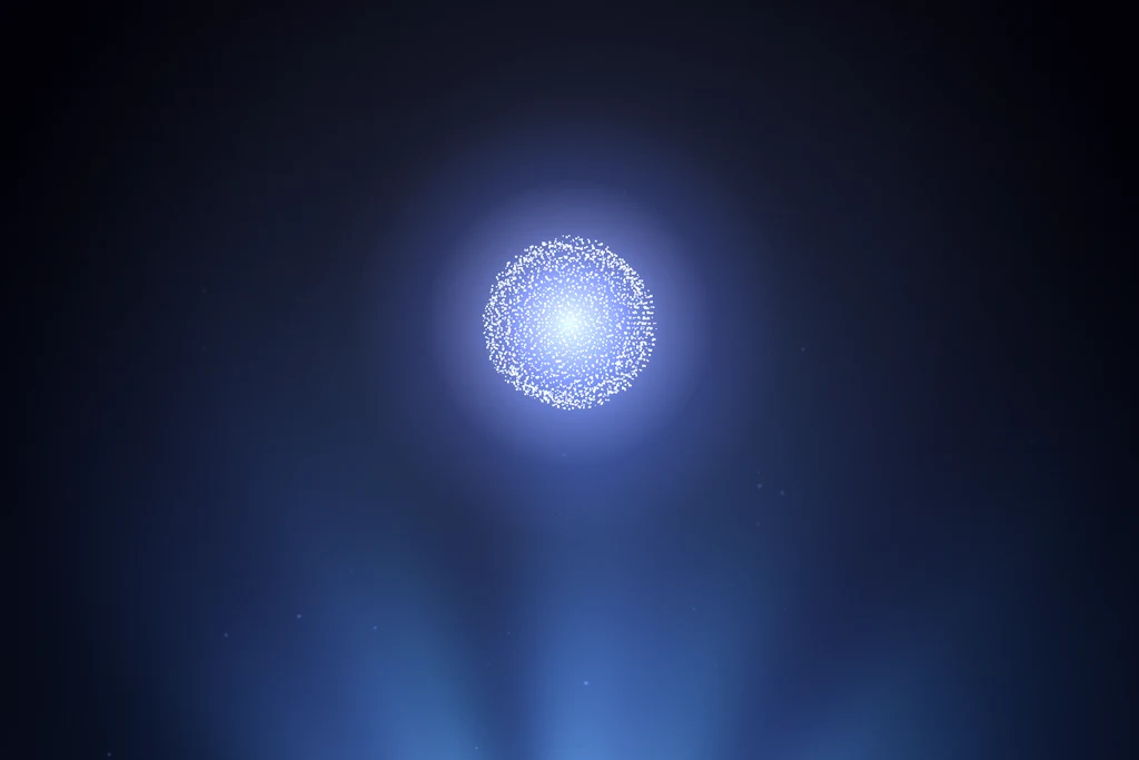 AI product launch film frame: a glowing sphere of particles standing for the AI agent above a beam of blue light