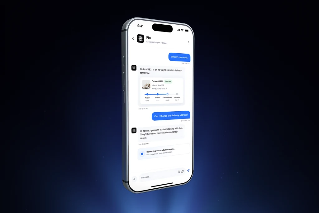App launch video frame of a phone showing a chat with an AI agent about an order
