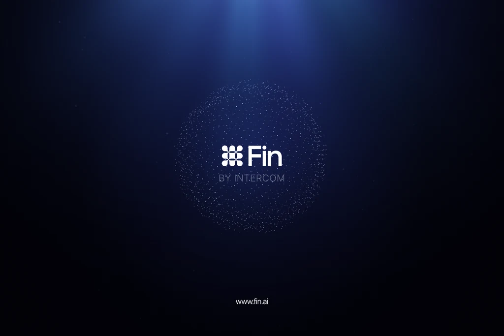 Launch event screen frame with a logo inside a particle sphere and a website address below