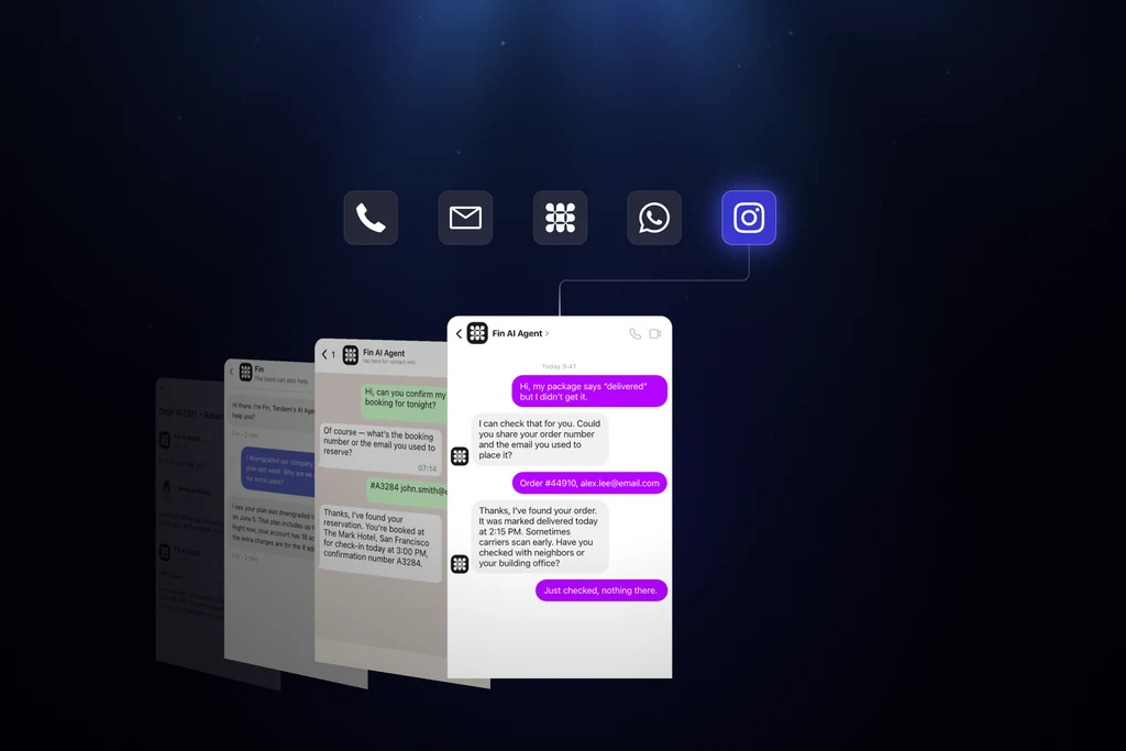 Social launch ad frame with chat screens from Instagram, WhatsApp and email turning in 3D