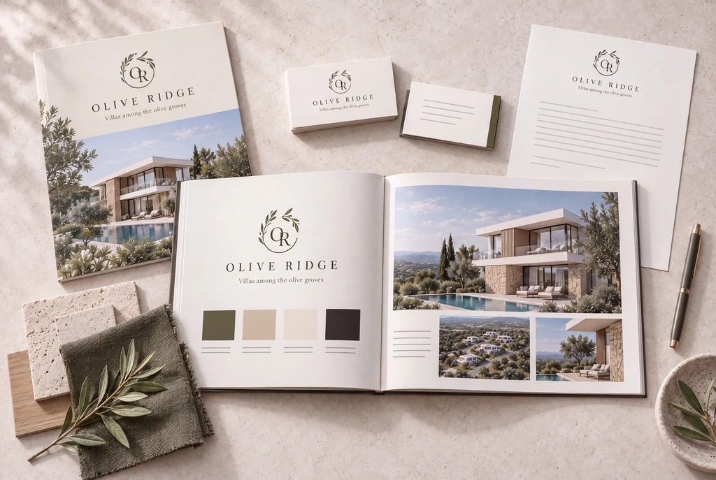 Brand book of a villa community with the logo, colour palette, business cards, letterhead and brochure cover on stone