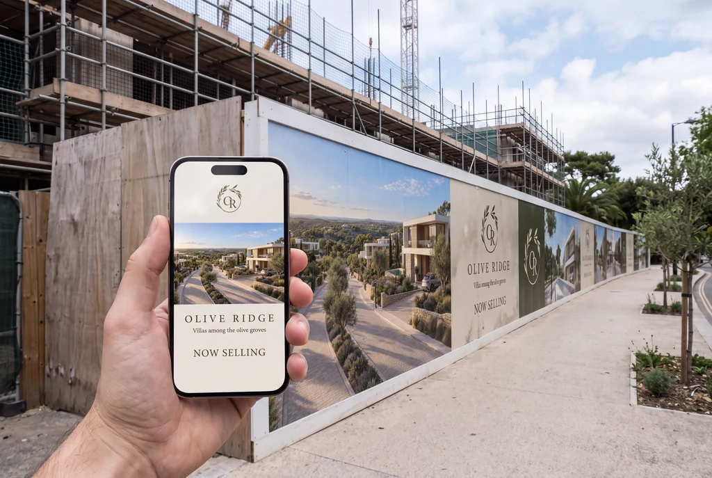 Branded construction hoarding of a villa community with a render and Now selling line, and a phone showing the same social media ad