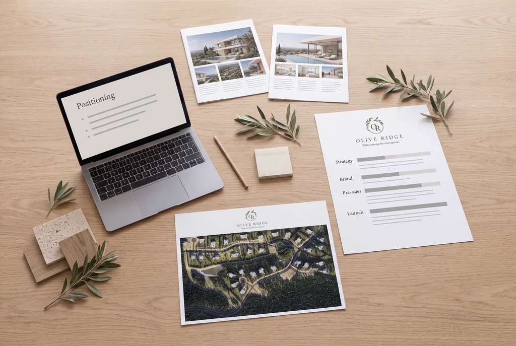 Launch plan for a villa community on a table: printed site plan, launch timeline, brochures and a laptop with the positioning slide
