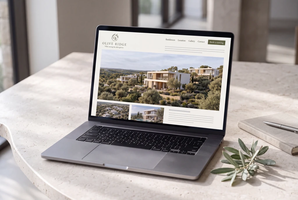Laptop on a stone table showing the website of a villa community with a hero render, navigation and a Book a viewing button