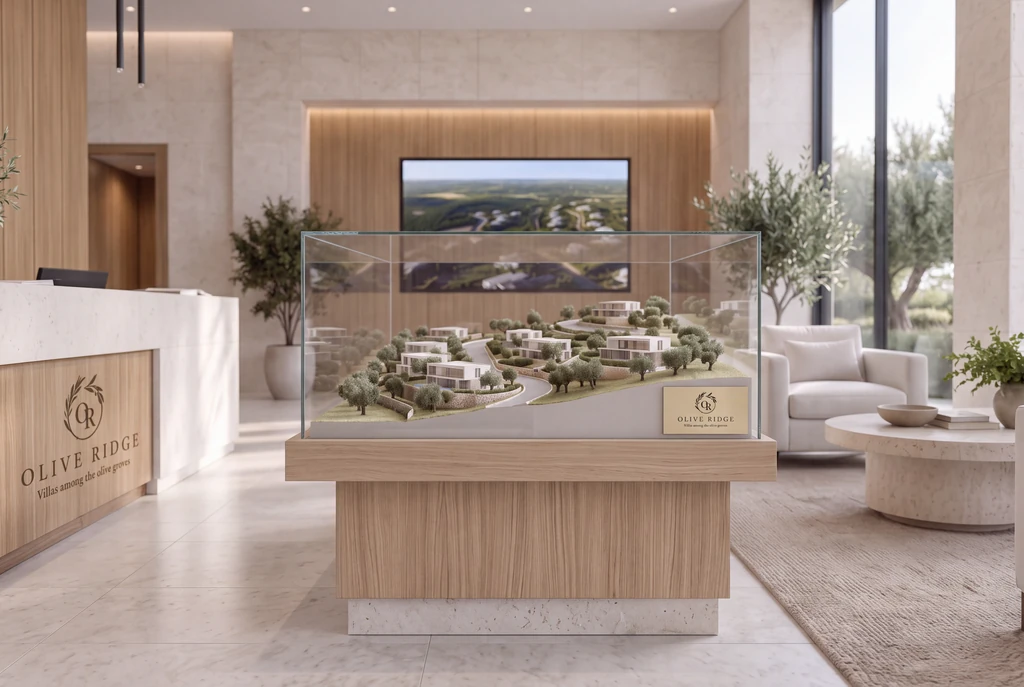 Scale model of a hillside villa community under glass in a sales gallery, with a branded reception desk and a screen showing a flythrough film