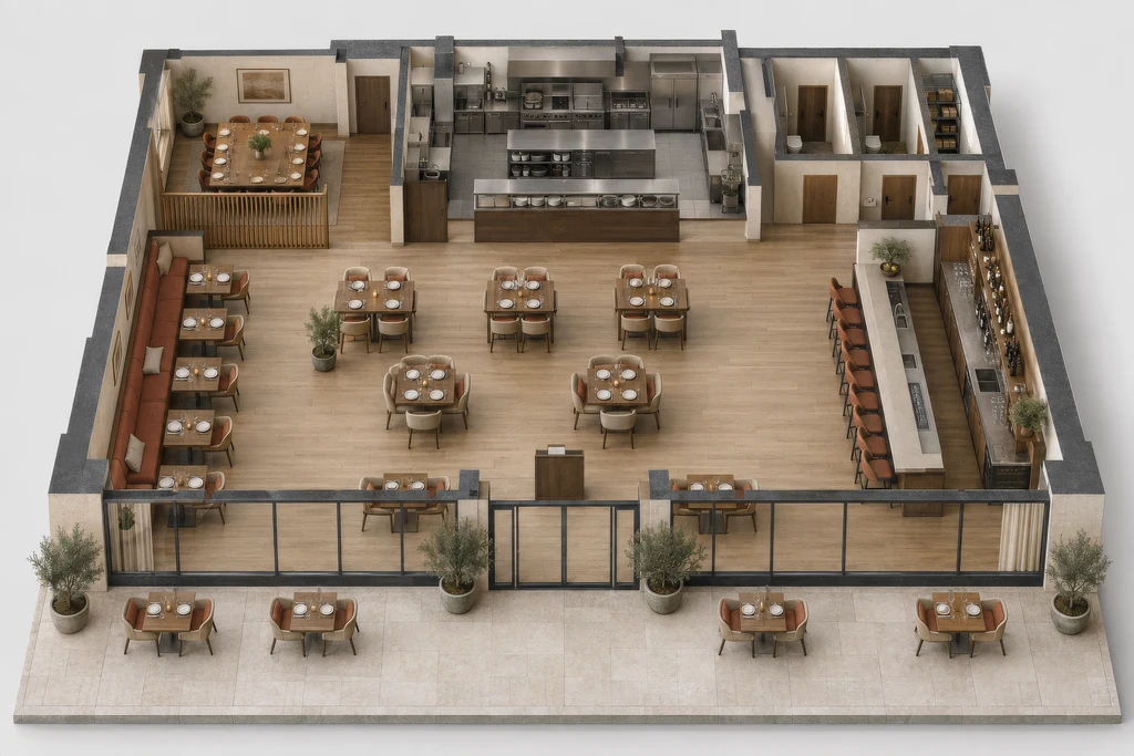 3D floor plan of a restaurant from above: banquette seating, dining tables, a bar with stools, a private dining room, an open kitchen with a pass, restrooms and a street terrace