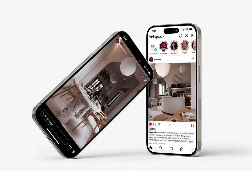 Two phones showing a cafe’s social media feed made from the cafe renders