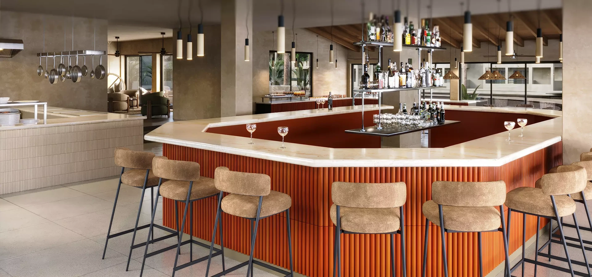 Photoreal render of a restaurant bar with a terracotta fluted counter, cane bar stools and backlit bottle shelves