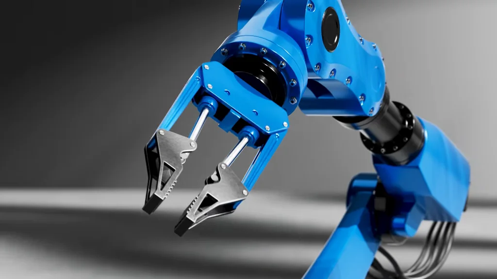 Film still of a blue robotic arm gripper