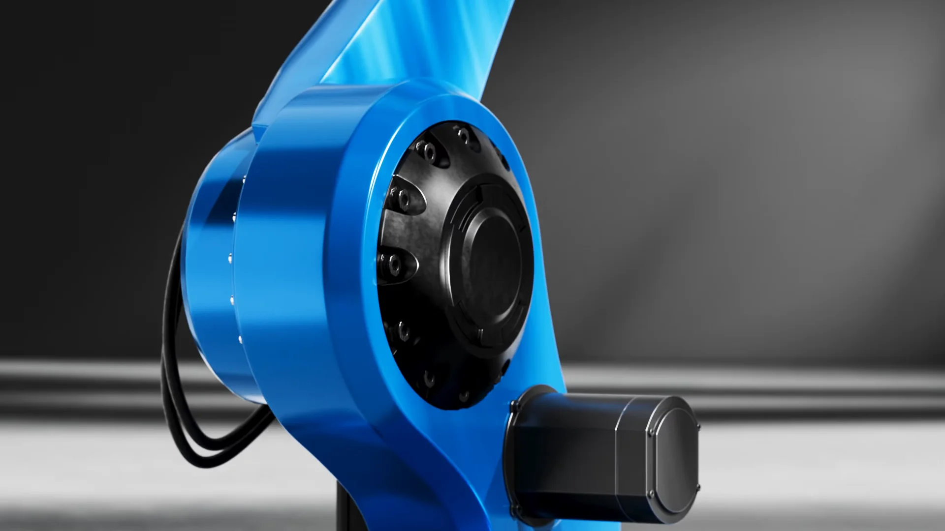Filmstill van het gewricht van de blauwe robotarm in close-up