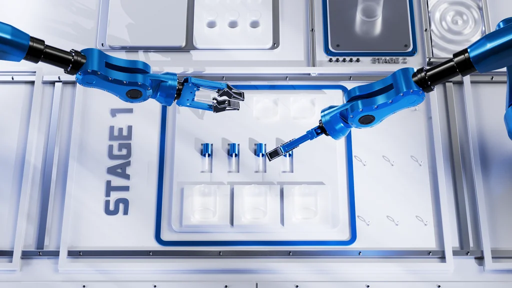3D animation still of two robotic arms placing vials at the first stage of a production line