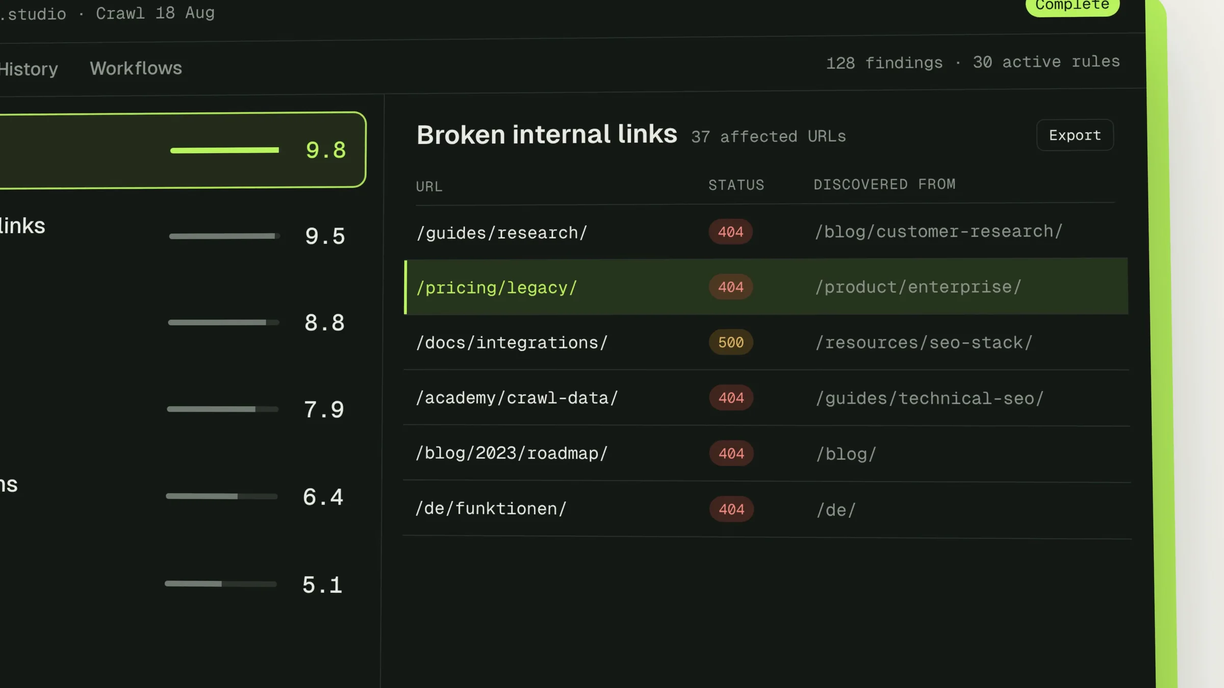 Close-up still of a broken internal links issue with its affected URLs and HTTP status codes
