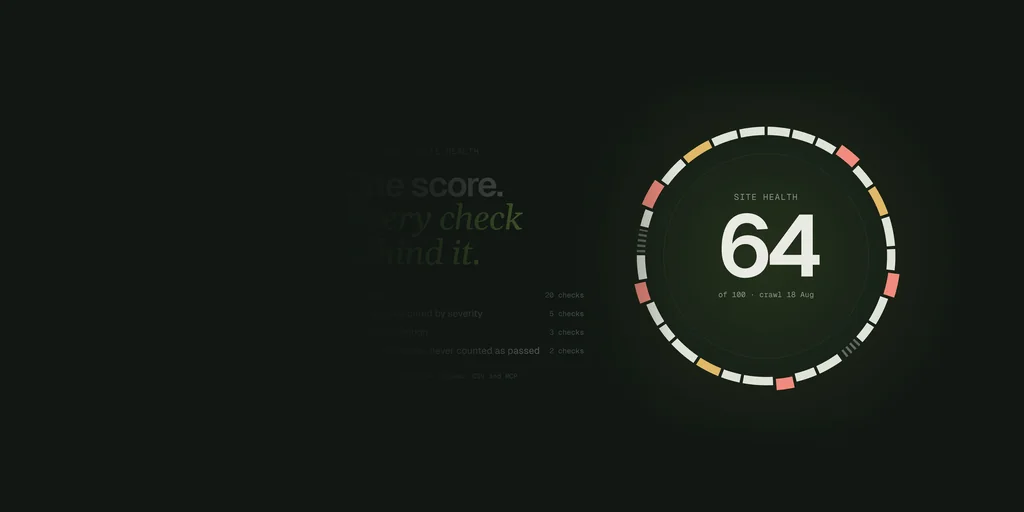 Site health score of 64 out of 100 inside a ring of checks, a still from a SaaS explainer video