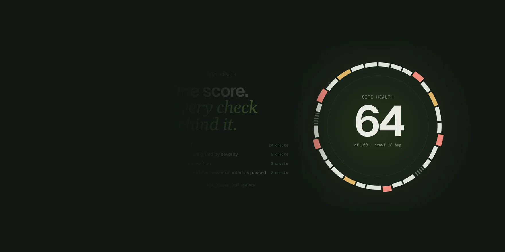 Still of a site health score of 64 out of 100 inside a ring of checks, from the Amplitera explainer video