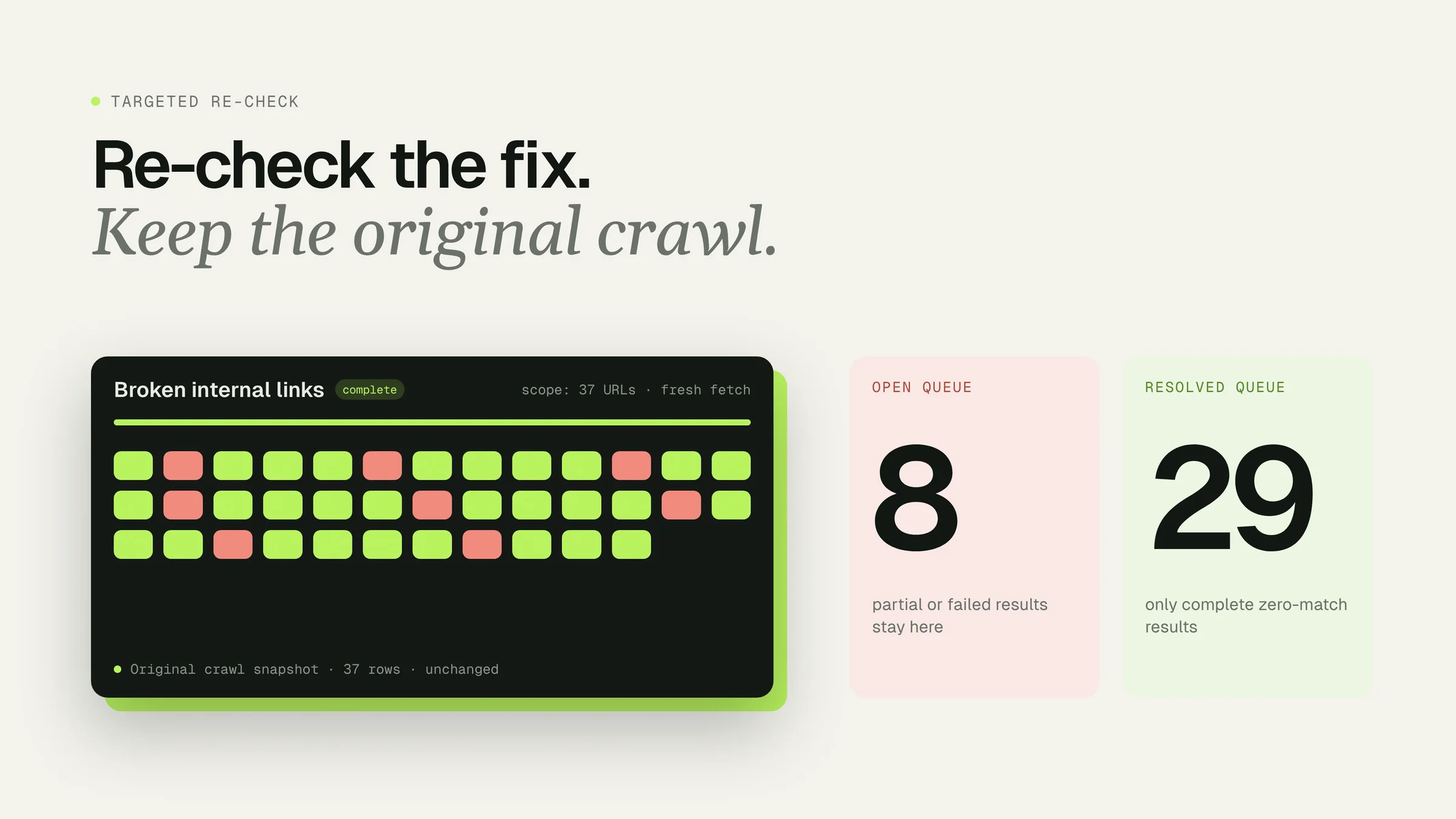 Still of a targeted re-check moving broken links from the open queue to resolved