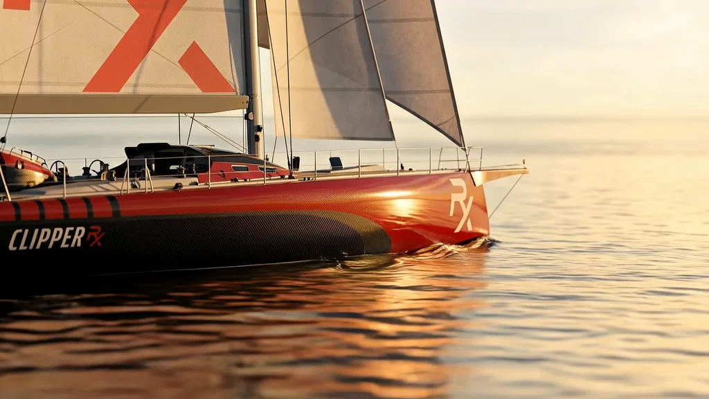 Film still of a racing sailboat under sail at sunset