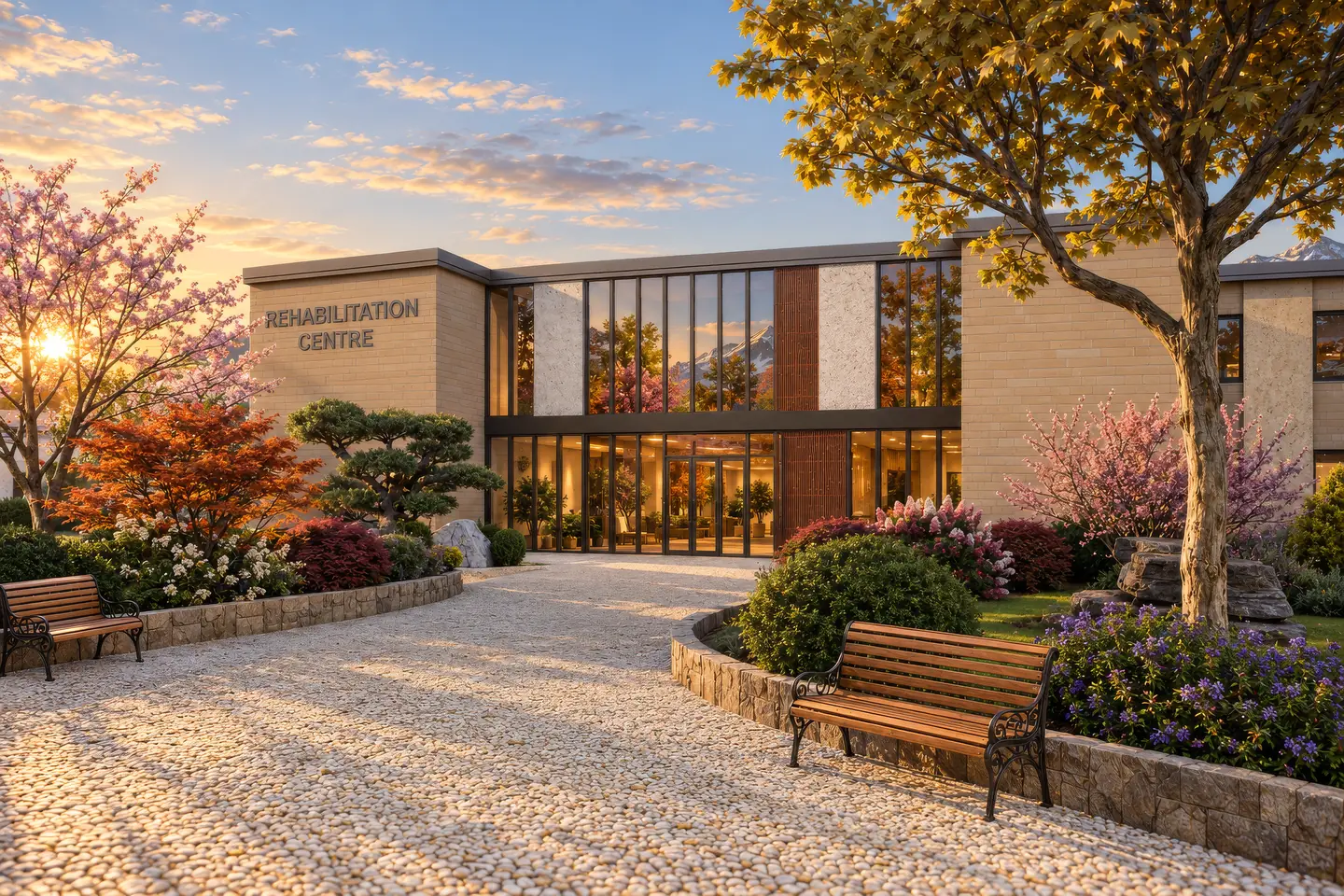 Render of an assisted living building at golden hour with a landscaped entrance court, benches and autumn trees