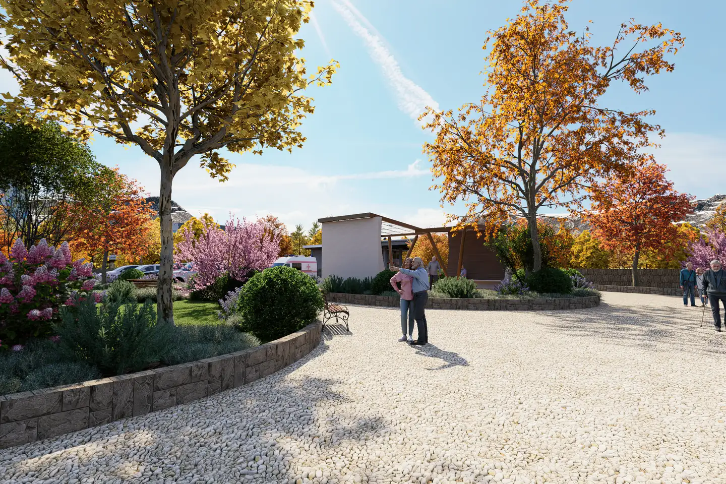 Render of residents walking through an assisted living garden court with autumn trees and benches