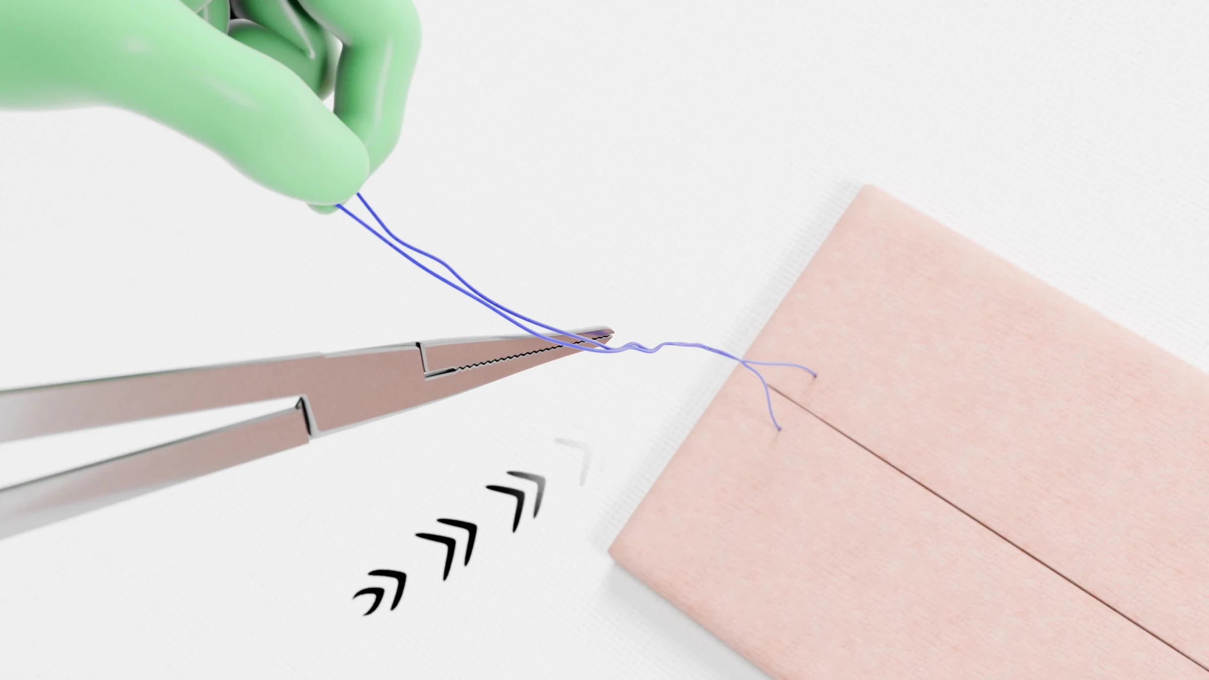 Needle driver meets the suture above the practice pad, with chevron arrows showing the direction of travel