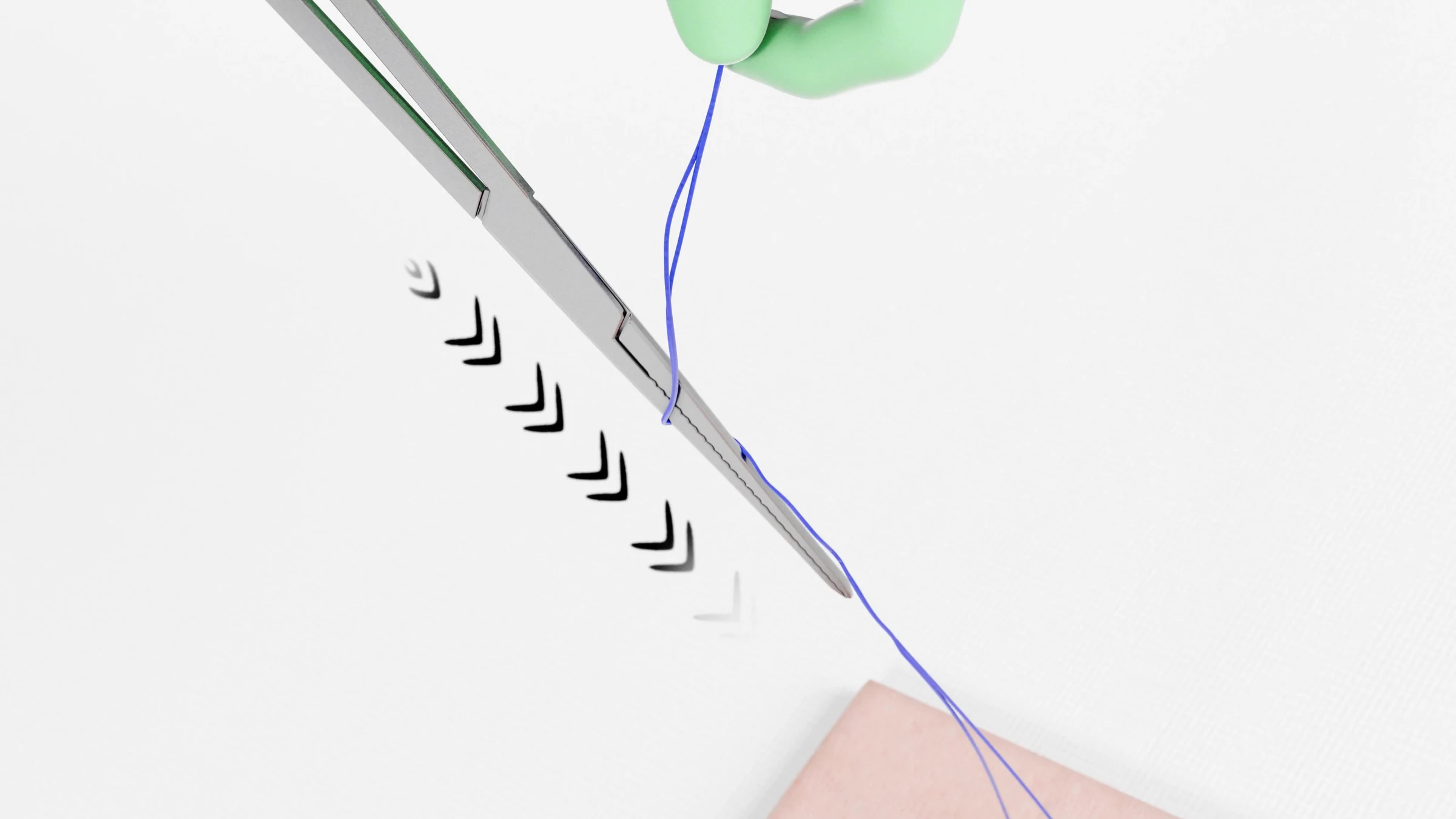 Needle driver pointing straight down beside the suture, the tip-down approach the brief asked for