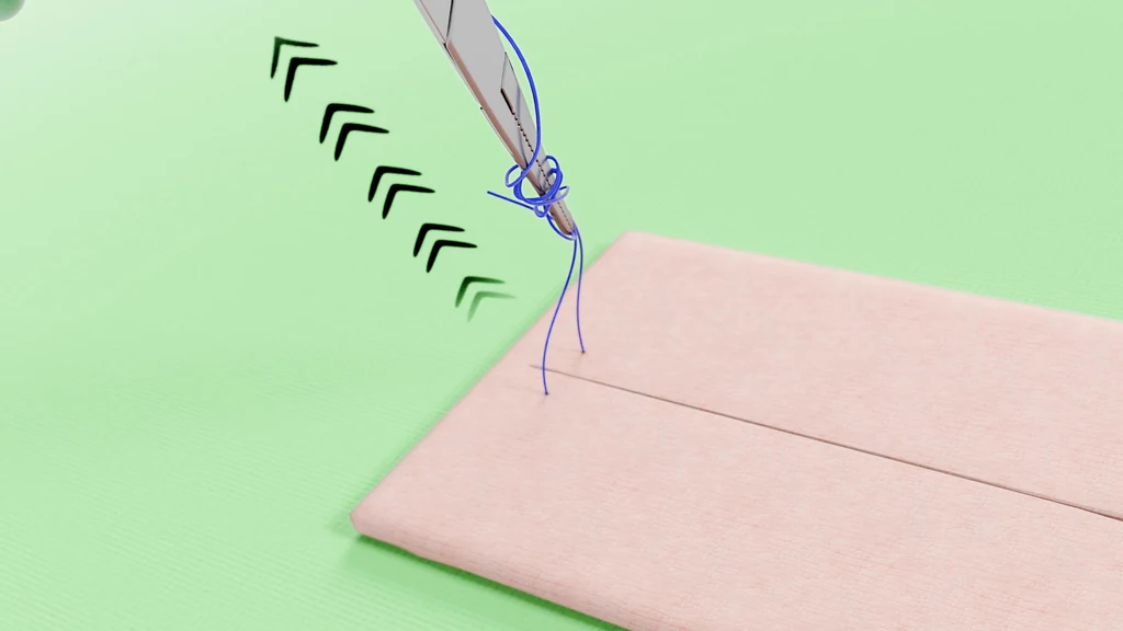 CGI of a surgical knot tied at an incision on a suture training pad