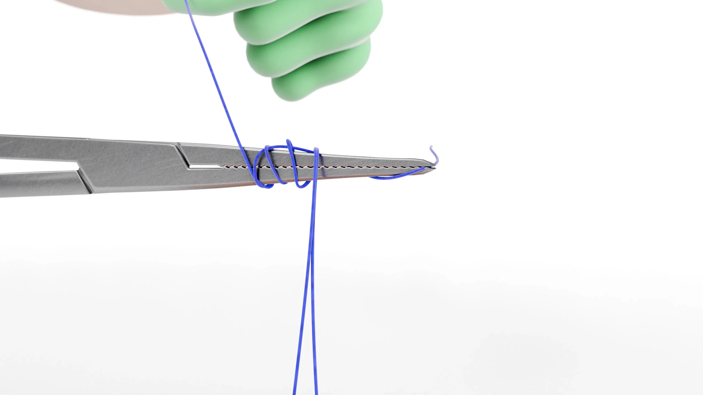 Wraps of blue suture on the needle driver jaws, held horizontally against white