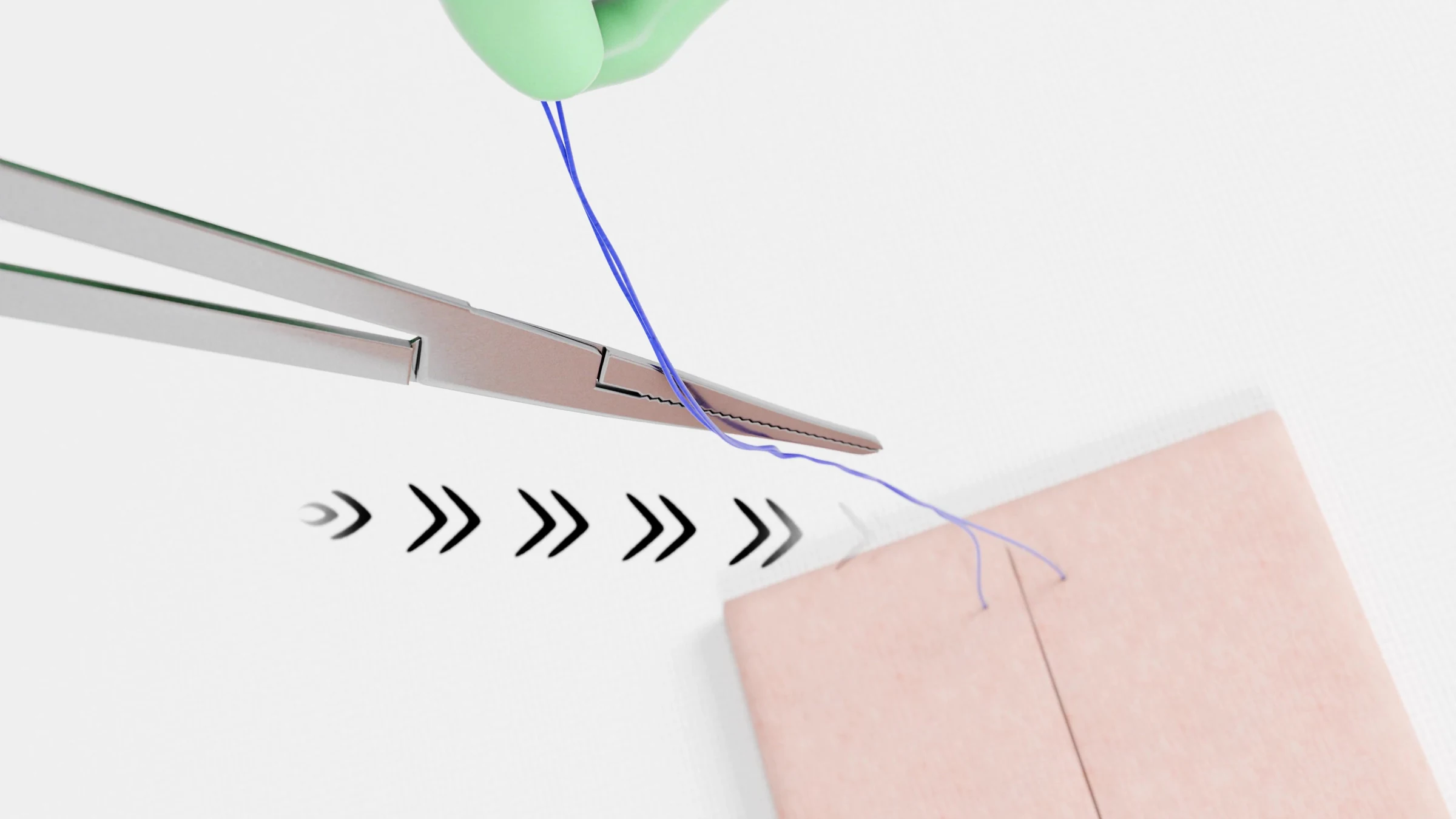 Needle driver approaching the suture with a row of chevron motion cues on a white background