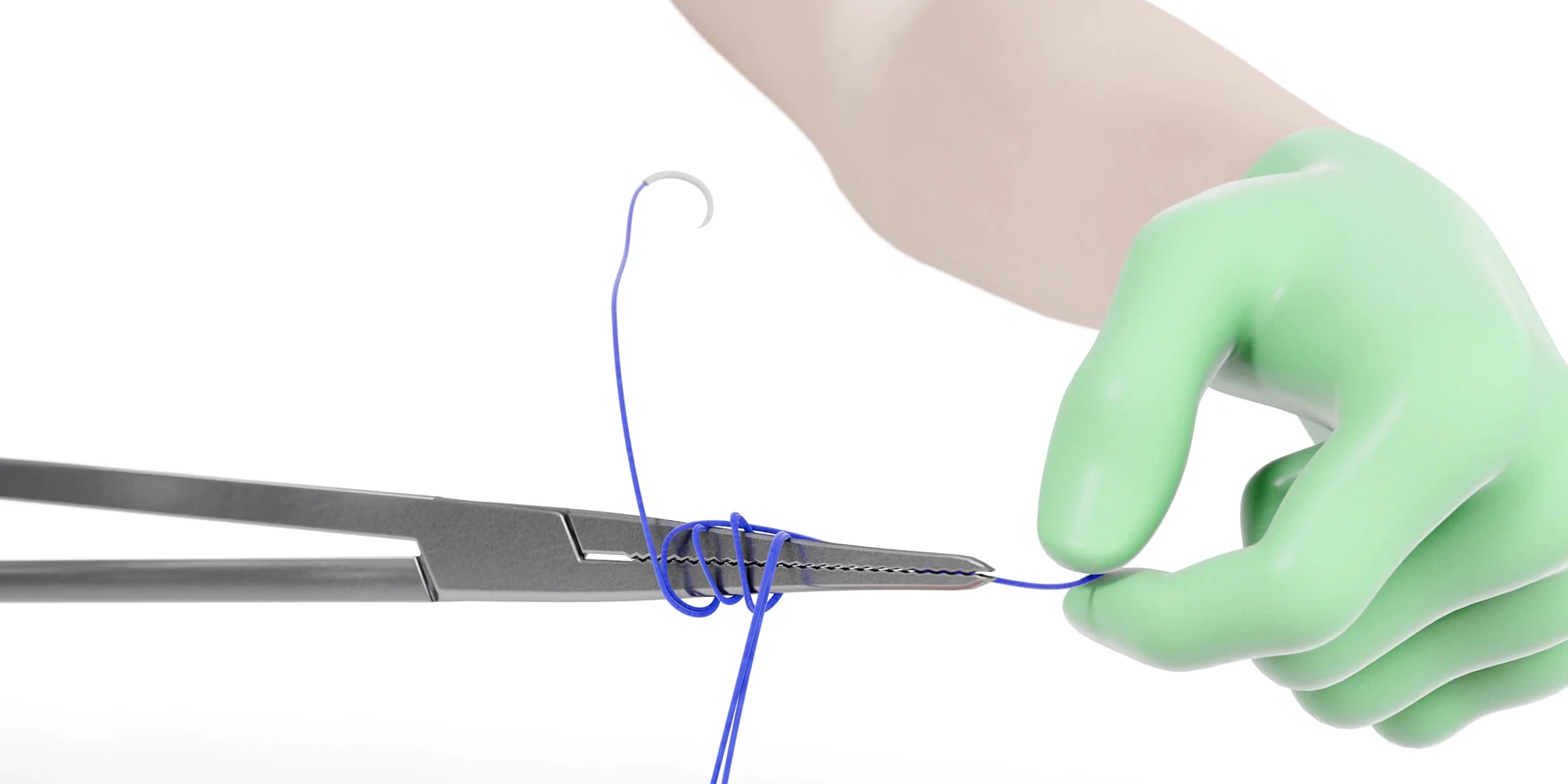Gloved hand wraps blue suture around the jaws of a needle driver, a frame from a 3D surgical knot training animation