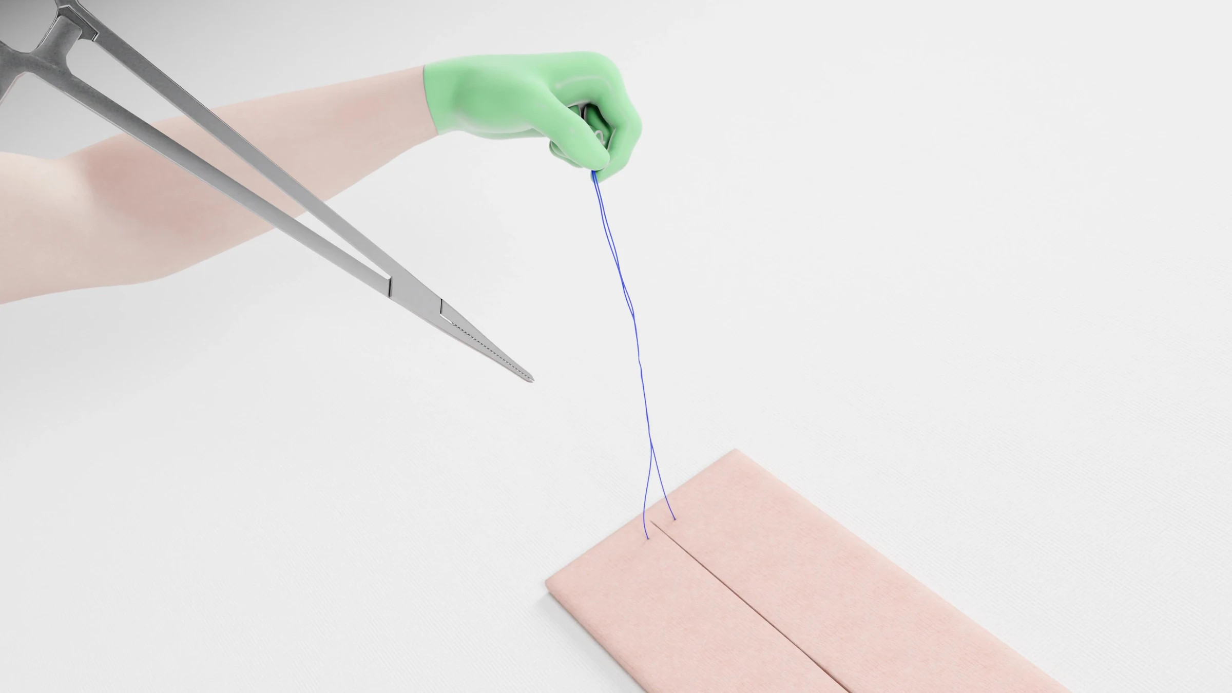 Opening frame: a gloved hand lifts the suture above a practice pad as the needle driver comes in from the left