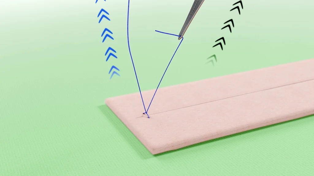 3D surgical training animation still of a tightened sliding knot on a suture pad