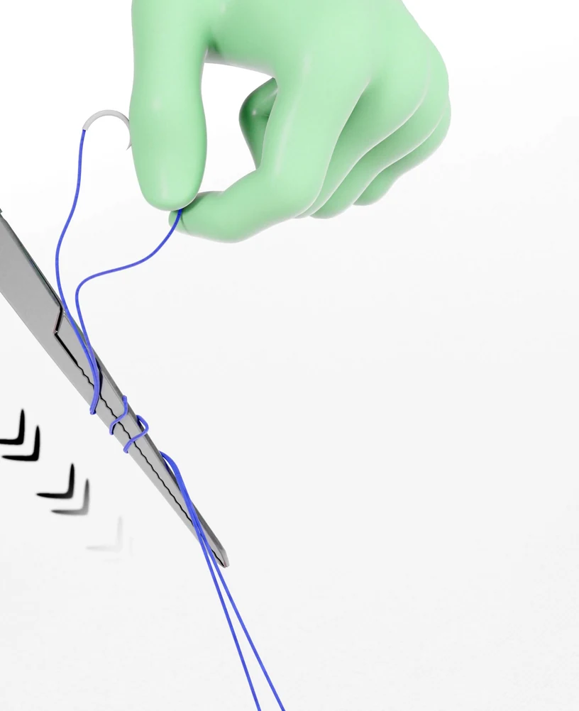 Needle driver held tip-down next to a gloved hand holding blue suture, with motion arrows on a white background