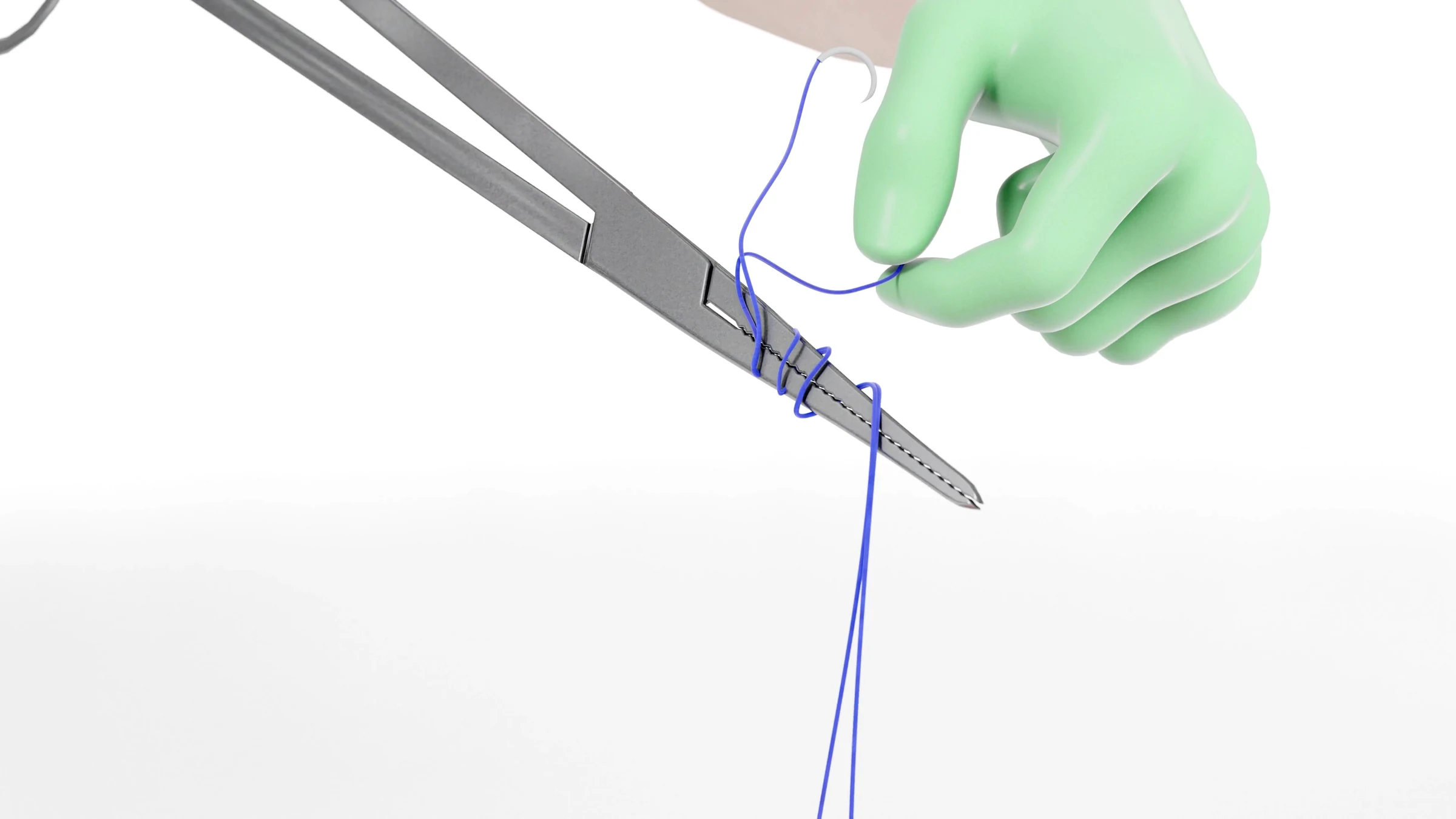 Suture wrapped around the needle driver jaws while the gloved hand keeps tension