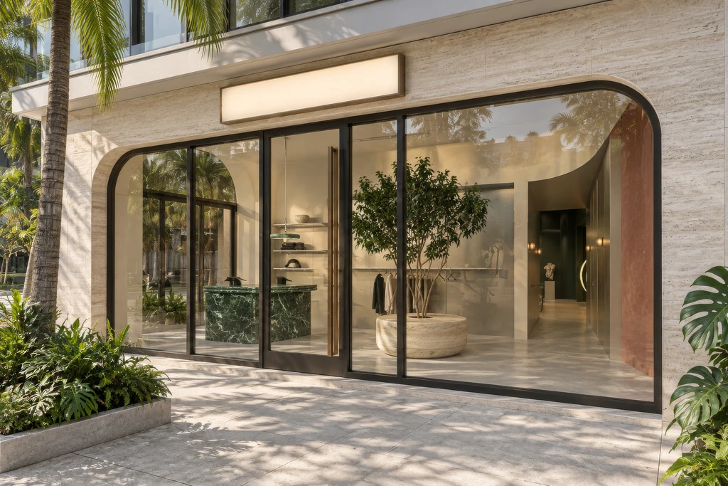 How to Open a Wellness Center: 9 Steps from Concept to Founding Members Render of a wellness club entrance on a Miami street with a travertine portal, glass doors and the reception visible inside