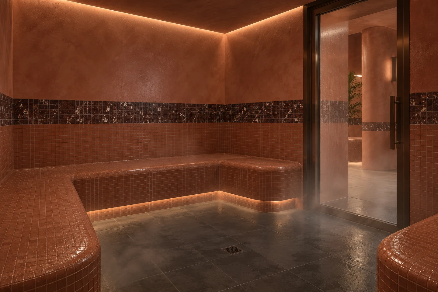 Render of a steam room with terracotta tile benches, mosaic bands, soft steam and a glass door